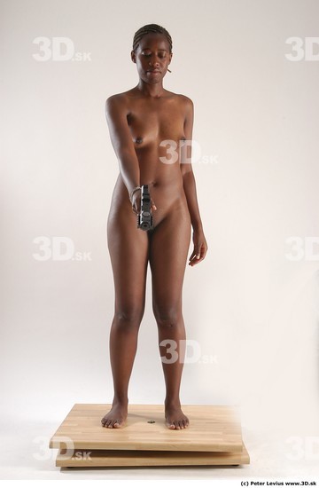 Whole Body Woman Pose with pistol Pose with sword Black Nude Athletic Studio photo references