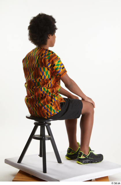 Whole Body Man Black Casual Shirt Shorts Slim Sitting Studio photo references