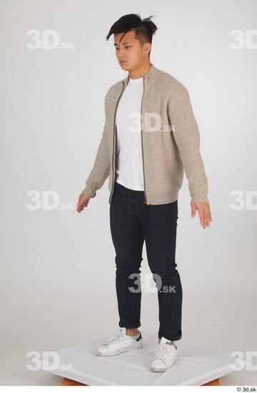Whole Body Man Asian Casual Shirt Sweater Jeans Slim Standing Studio photo references