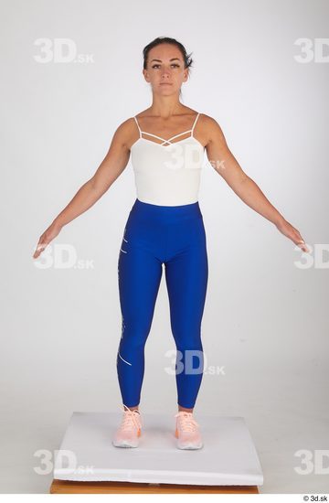 Zuzu Sweet blue leggings orange sneakers sports standing white top whole body  jpg