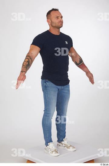 Whole Body Man White Casual Shirt Jeans Muscular Standing Studio photo references