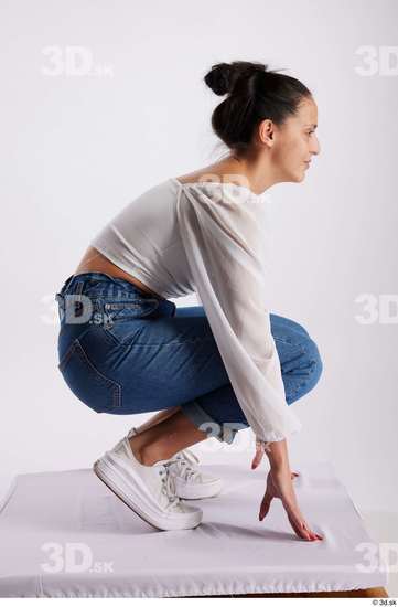 Whole Body Woman White Casual Slim Kneeling Studio photo references